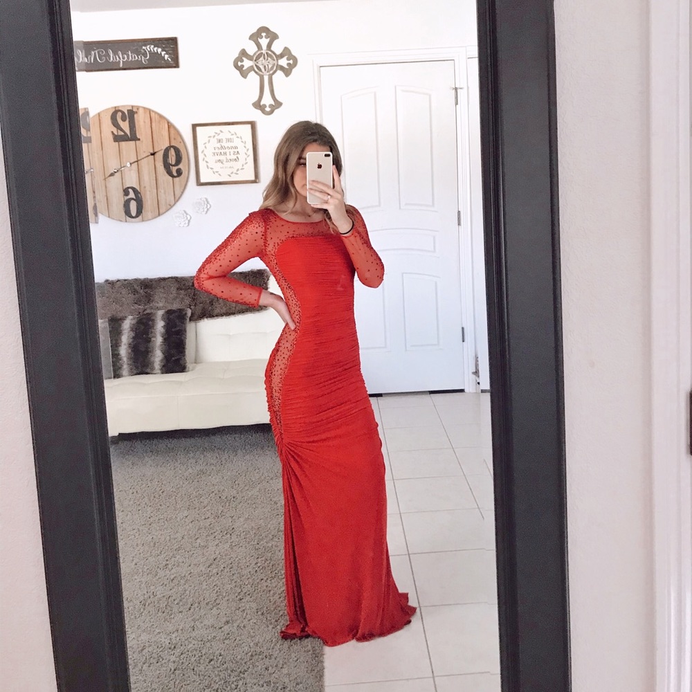 red long sleeved prom dress